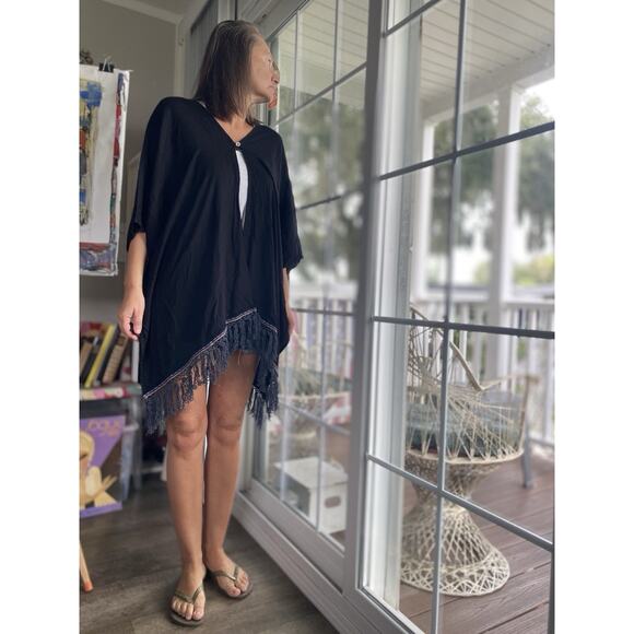 Pitusa Black Bali Fringe Kimono Beach Cover Up One Size - Picture 1 of 6